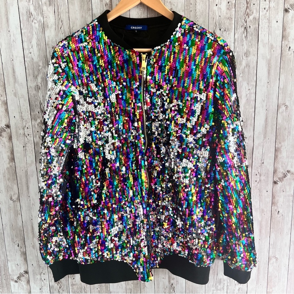 RESA Multicolor Sequin Bomber Jacket with Black Trim